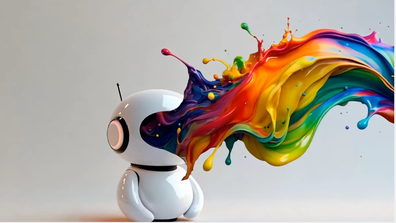 AI render: a small white robot erupting in a rainbow of liquid color